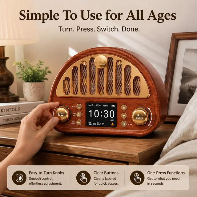 Alt view image 7 of 7 - Vintage Bluetooth Clock Radio with Dual Alarms and NOAA Weather Alert | Wood-grain Finish, Soft Color Display, 40-preset FM Radio, Sleep Timer, Rechargeable Battery, MicroSD and AUX for Bedside Use