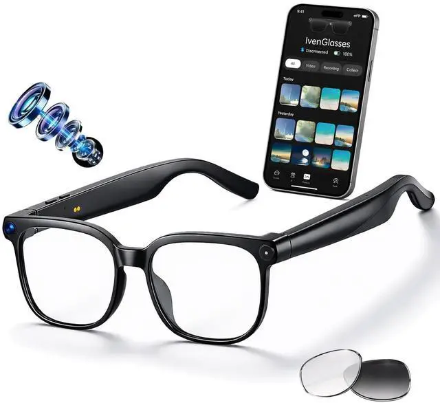 Main image of AI Smart Glasses with Camera, 8MP HD Video Recording Glasses, 1200P 30FPS EIS, Voice Assistant, Real-Time Translation, Open-Ear Bluetooth Audio, Clear & Photochromic Lenses, lente con camara