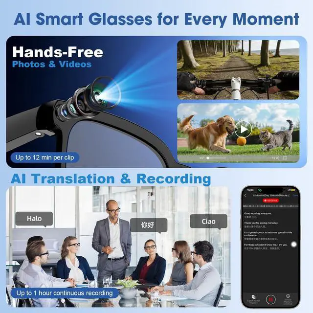 Alt view image 3 of 7 - AI Smart Glasses with Camera, 8MP HD Video Recording Glasses, 1200P 30FPS EIS, Voice Assistant, Real-Time Translation, Open-Ear Bluetooth Audio, Clear & Photochromic Lenses, lente con camara