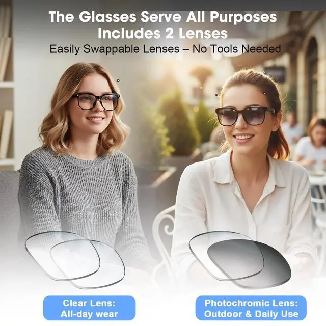 Alt view image 7 of 7 - AI Smart Glasses with Camera, 8MP HD Video Recording Glasses, 1200P 30FPS EIS, Voice Assistant, Real-Time Translation, Open-Ear Bluetooth Audio, Clear & Photochromic Lenses, lente con camara