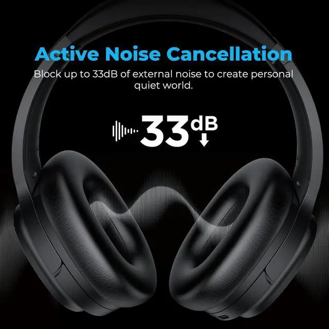 Alt view image 2 of 7 - Hybrid Active Noise Cancelling Headphones, Wireless Over Ear Bluetooth Headphones, Hi-Fi Audio, Deep Bass, Memory Foam Earpads, 30H Playtime, Clear Calls, Travel, Office, Home, Black Pcs