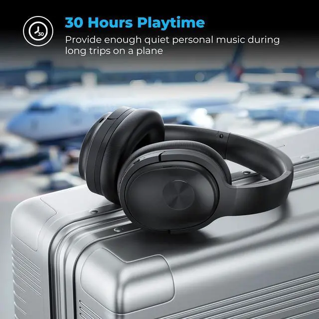 Alt view image 7 of 7 - Hybrid Active Noise Cancelling Headphones, Wireless Over Ear Bluetooth Headphones, Hi-Fi Audio, Deep Bass, Memory Foam Earpads, 30H Playtime, Clear Calls, Travel, Office, Home, Black Pcs