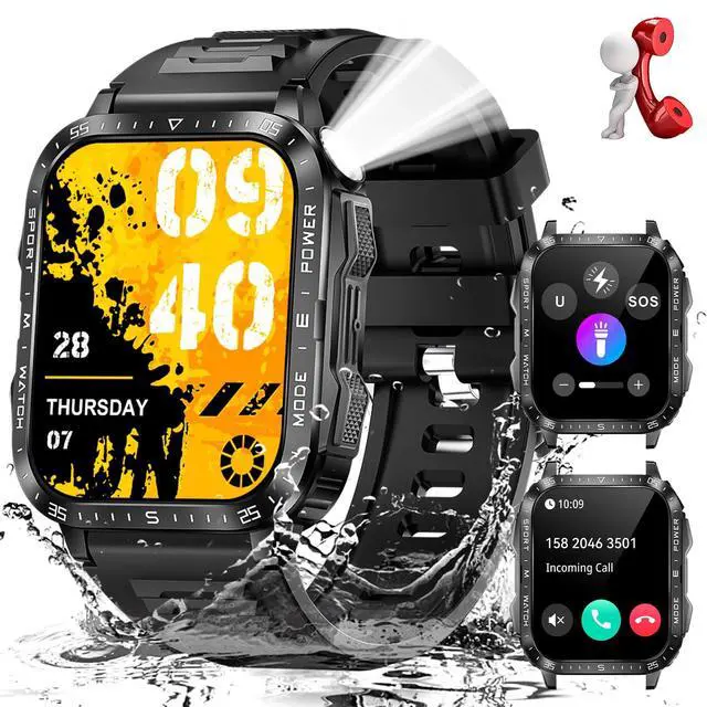 Main image of Military Smart Watch for Men with LED Flashlight 2.0 Tactical Smartwatch | Big Screen Tactical Smartwatch 430mAh Big Battery Fitness Tracker with Heart Rate Sleep Monitor for iPhone Android