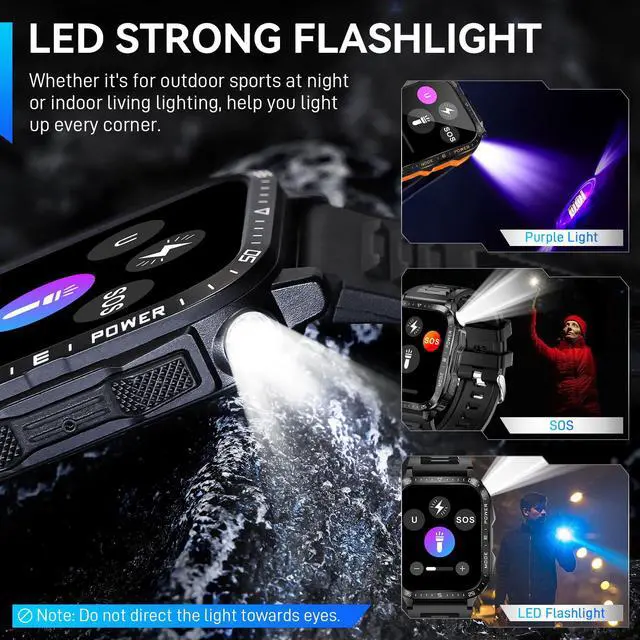 Alt view image 2 of 7 - Military Smart Watch for Men with LED Flashlight 2.0 Tactical Smartwatch | Big Screen Tactical Smartwatch 430mAh Big Battery Fitness Tracker with Heart Rate Sleep Monitor for iPhone Android
