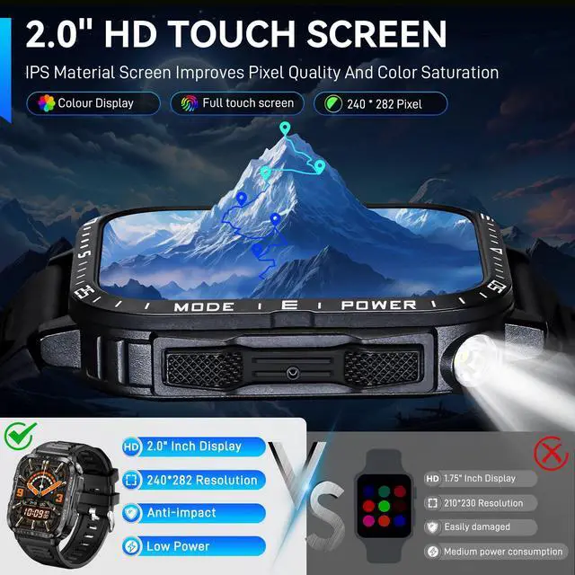 Alt view image 3 of 7 - Military Smart Watch for Men with LED Flashlight 2.0 Tactical Smartwatch | Big Screen Tactical Smartwatch 430mAh Big Battery Fitness Tracker with Heart Rate Sleep Monitor for iPhone Android
