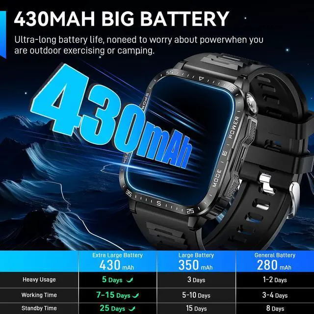Alt view image 4 of 7 - Military Smart Watch for Men with LED Flashlight 2.0 Tactical Smartwatch | Big Screen Tactical Smartwatch 430mAh Big Battery Fitness Tracker with Heart Rate Sleep Monitor for iPhone Android