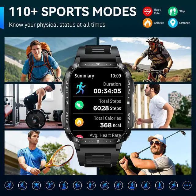 Alt view image 7 of 7 - Military Smart Watch for Men with LED Flashlight 2.0 Tactical Smartwatch | Big Screen Tactical Smartwatch 430mAh Big Battery Fitness Tracker with Heart Rate Sleep Monitor for iPhone Android