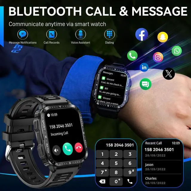 Alt view image 6 of 7 - Military Smart Watch for Men with LED Flashlight 2.0 Tactical Smartwatch | Big Screen Tactical Smartwatch 430mAh Big Battery Fitness Tracker with Heart Rate Sleep Monitor for iPhone Android
