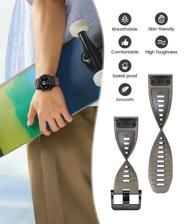 Alt view image 4 of 7 - Fenix 7X Pro/6X Pro Band for Fenix 6X Strap Fenix 7X Band 26mm Width Fenix 5X Plus Wristband for Descent Mk2i/tactix Delta/tactix 7 Pro/tactix 7 AMOLED Soft Silicone Watch(Brown Dark-Gray)