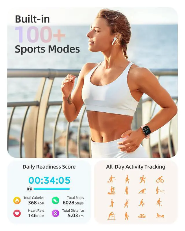 Alt view image 3 of 7 - Smart Watch for iOS and Android Phones(Answer/Make Calls), HD Screen Watches for Women, IP68 Waterproof Fitness Tracker Watch with Heart Rate Sleep Monitor, Steps Calories Counter, Rose Gold