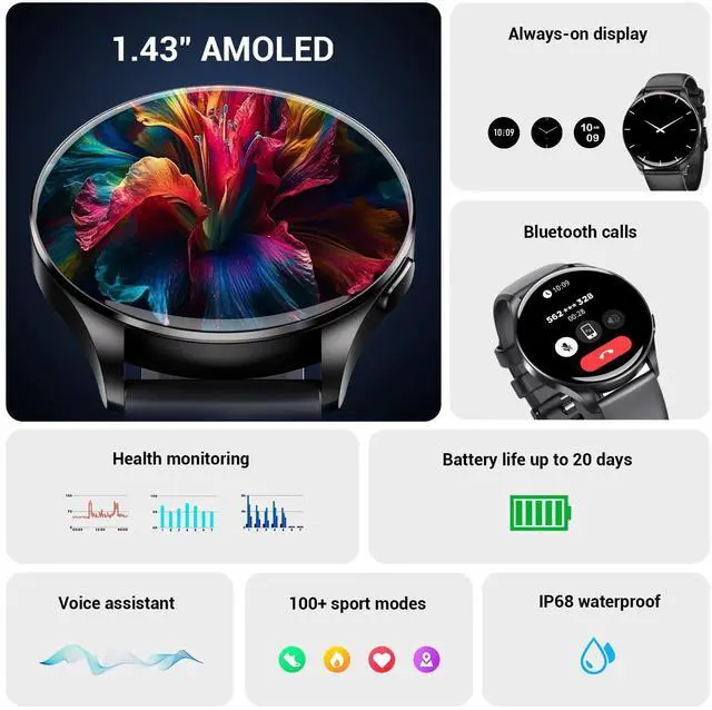 Alt view image 2 of 7 - Smart Watch for Women Men, 1.43" AMOLED Ultra-Clear Screen Fitness Tracker with HeartRate/Sleep Monitor, 21Languages, Answer/Make Calls,Waterproof Smartwatch for Android and iPhone (2 Straps)
