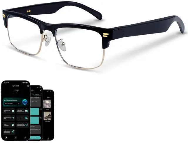 Main image of AI Glasses for Men Women, Powered by ChatGPT, AI Real-time Translation(164 Languages), Bluetooth Translator Glasses with Speaker,No Subscription,Smart Glasses with Anti-Blue Light for Work Travel-Gold