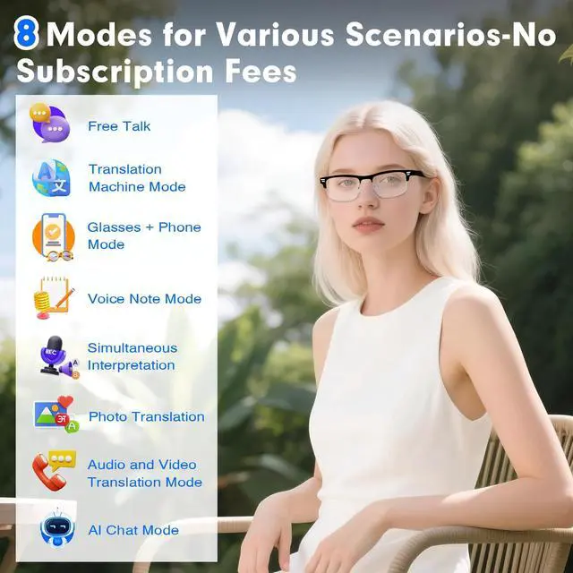 Alt view image 5 of 7 - AI Glasses for Men Women, Powered by ChatGPT, AI Real-time Translation(164 Languages), Bluetooth Translator Glasses with Speaker,No Subscription,Smart Glasses with Anti-Blue Light for Work Travel-Gold