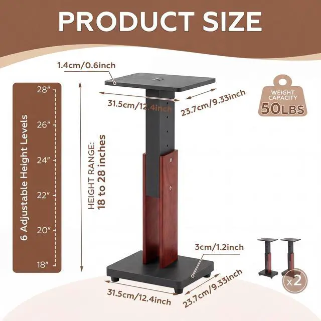 Alt view image 2 of 7 - 2 Pcs Height Adjustable Speaker Stands 18 to 28 Inches Heavy Duty 50 Lbs Wood Vinyl Record Player Stands Pair for Studio Housewarming Home Decoration