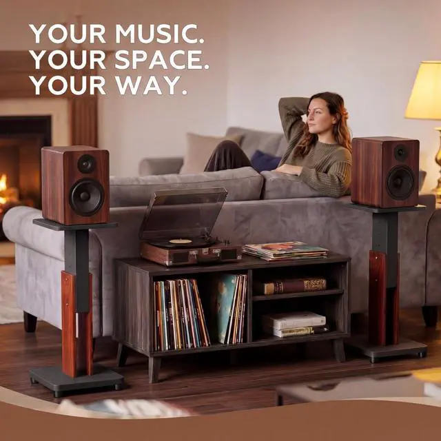 Alt view image 5 of 7 - 2 Pcs Height Adjustable Speaker Stands 18 to 28 Inches Heavy Duty 50 Lbs Wood Vinyl Record Player Stands Pair for Studio Housewarming Home Decoration