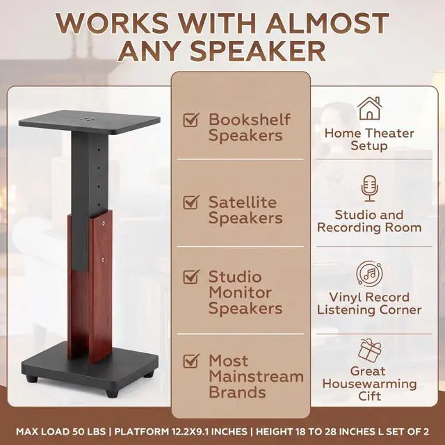 Alt view image 4 of 7 - 2 Pcs Height Adjustable Speaker Stands 18 to 28 Inches Heavy Duty 50 Lbs Wood Vinyl Record Player Stands Pair for Studio Housewarming Home Decoration