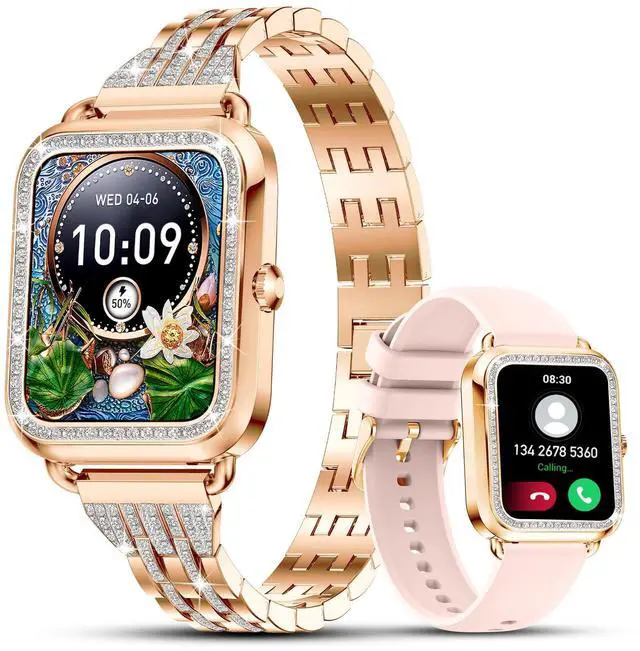Main image of Smart Watches for Women with Diamonds (Answer/Make Call), 1.57'' Bluetooth Smartwatch for Android iOS Phones, Waterproof Fitness Watch with Heart Rate/SpO2/Sleep/BP/AI Voicer (Rose Gold)