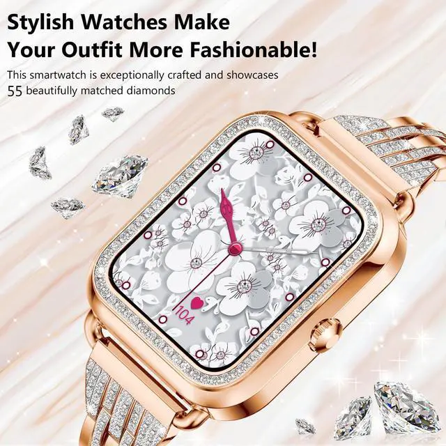 Alt view image 2 of 7 - Smart Watches for Women with Diamonds (Answer/Make Call), 1.57'' Bluetooth Smartwatch for Android iOS Phones, Waterproof Fitness Watch with Heart Rate/SpO2/Sleep/BP/AI Voicer (Rose Gold)