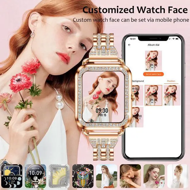 Alt view image 7 of 7 - Smart Watches for Women with Diamonds (Answer/Make Call), 1.57'' Bluetooth Smartwatch for Android iOS Phones, Waterproof Fitness Watch with Heart Rate/SpO2/Sleep/BP/AI Voicer (Rose Gold)