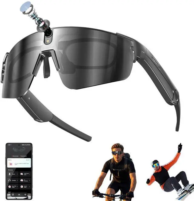 Main image of AI Smart Sports Glasses with ChatGPT, 4K Video Camera Sunglasses with Smart Translation, EIS electronic image stabilization, Dual Mic Noise Reduction, IP66 water and dust resistance, (Midnight black)