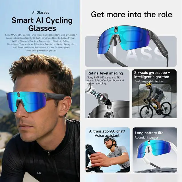 Alt view image 2 of 7 - AI Smart Sports Glasses with ChatGPT, 4K Video Camera Sunglasses with Smart Translation, EIS electronic image stabilization, Dual Mic Noise Reduction, IP66 water and dust resistance, (Midnight black)
