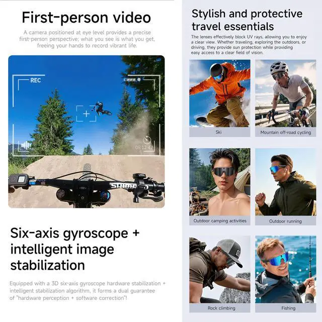 Alt view image 3 of 7 - AI Smart Sports Glasses with ChatGPT, 4K Video Camera Sunglasses with Smart Translation, EIS electronic image stabilization, Dual Mic Noise Reduction, IP66 water and dust resistance, (Midnight black)