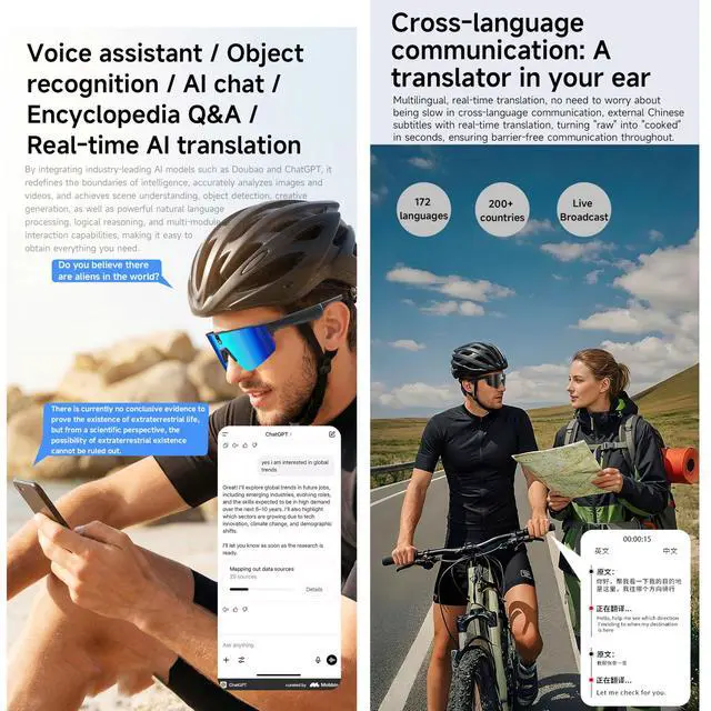 Alt view image 4 of 7 - AI Smart Sports Glasses with ChatGPT, 4K Video Camera Sunglasses with Smart Translation, EIS electronic image stabilization, Dual Mic Noise Reduction, IP66 water and dust resistance, (Midnight black)