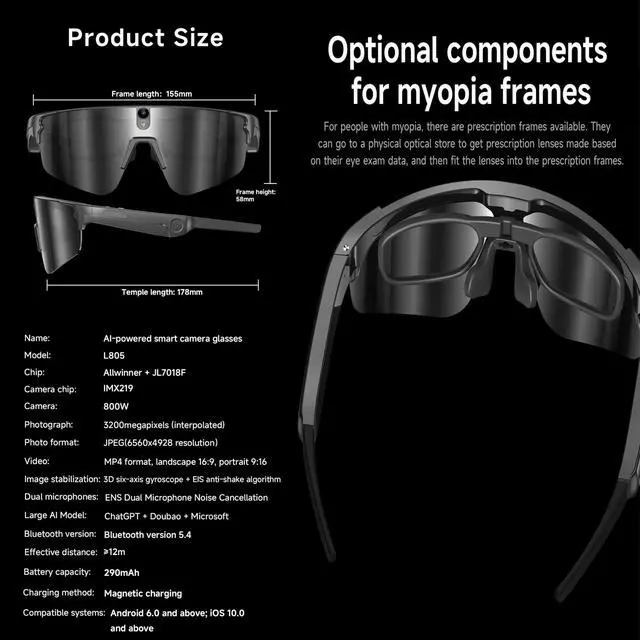Alt view image 7 of 7 - AI Smart Sports Glasses with ChatGPT, 4K Video Camera Sunglasses with Smart Translation, EIS electronic image stabilization, Dual Mic Noise Reduction, IP66 water and dust resistance, (Midnight black)