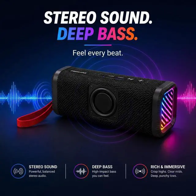 Alt view image 3 of 7 - Portable Bluetooth Speaker, Wireless Stereo Sound Party Speaker with Deep Bass, IPX5 Waterproof, 20 Hour Playtime, Auracast & TWS Pairing, USB Playback, Bluetooth 5.4 for Outdoor & Indoor Use
