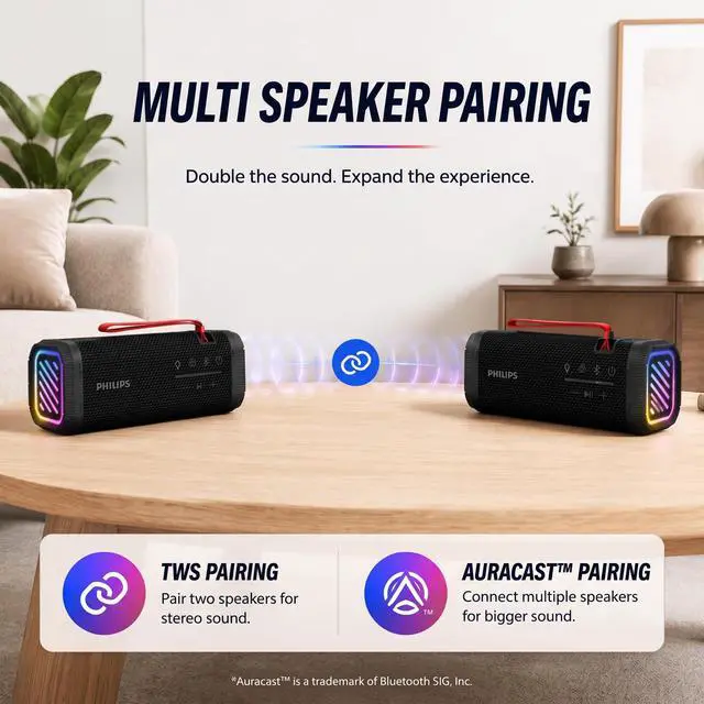 Alt view image 5 of 7 - Portable Bluetooth Speaker, Wireless Stereo Sound Party Speaker with Deep Bass, IPX5 Waterproof, 20 Hour Playtime, Auracast & TWS Pairing, USB Playback, Bluetooth 5.4 for Outdoor & Indoor Use