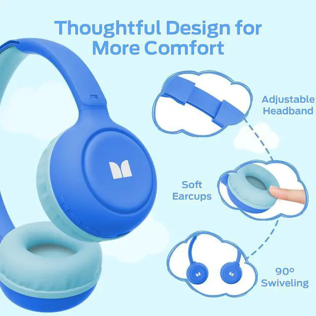 Alt view image 3 of 7 - Cute SK100 Kids Bluetooth Headphones, 85/94dB Safe Volume Limited, 60 Hours Playtime, Bluetooth 6.0, On-Ear Toddler Headsets with Built-in Mic, Lightweight Wireless Headphones for Kids, Blue