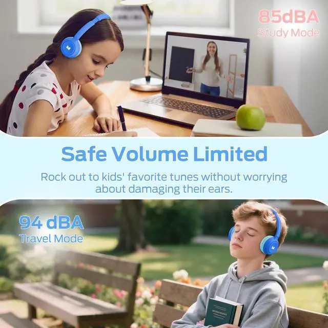 Alt view image 4 of 7 - Cute SK100 Kids Bluetooth Headphones, 85/94dB Safe Volume Limited, 60 Hours Playtime, Bluetooth 6.0, On-Ear Toddler Headsets with Built-in Mic, Lightweight Wireless Headphones for Kids, Blue