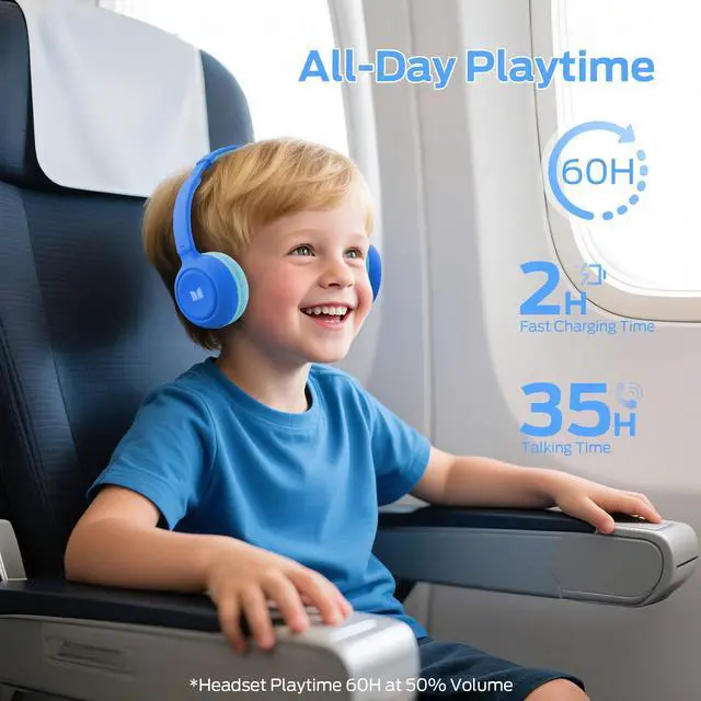 Alt view image 5 of 7 - Cute SK100 Kids Bluetooth Headphones, 85/94dB Safe Volume Limited, 60 Hours Playtime, Bluetooth 6.0, On-Ear Toddler Headsets with Built-in Mic, Lightweight Wireless Headphones for Kids, Blue