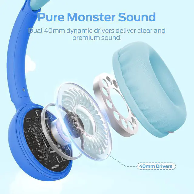 Alt view image 7 of 7 - Cute SK100 Kids Bluetooth Headphones, 85/94dB Safe Volume Limited, 60 Hours Playtime, Bluetooth 6.0, On-Ear Toddler Headsets with Built-in Mic, Lightweight Wireless Headphones for Kids, Blue