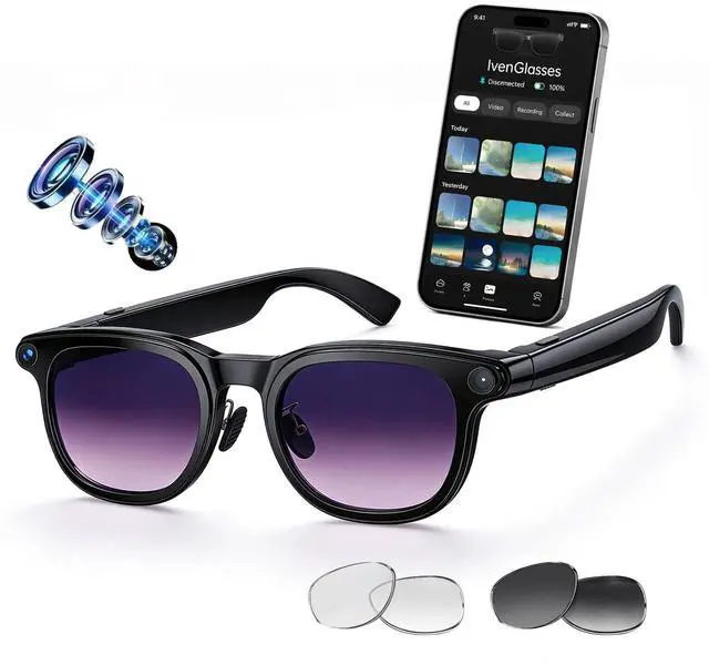 Main image of AI Smart Glasses with Camera, 8MP HD Camera Glasses for Men Women, 1200P 30FPS Video Recording, Voice Assistant, Real-Time Translation, Open-Ear Bluetooth Audio Sunglasses with Interchangeable Lenses