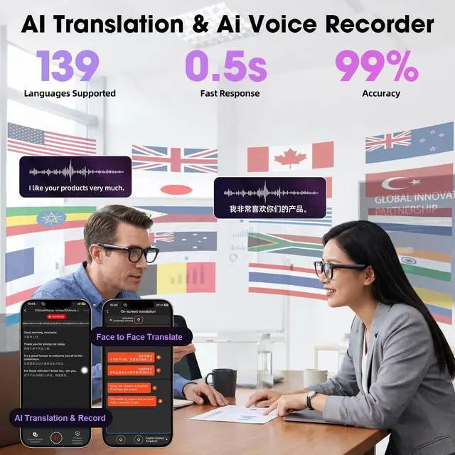 Alt view image 4 of 7 - AI Smart Glasses with Camera, 8MP HD Camera Glasses for Men Women, 1200P 30FPS Video Recording, Voice Assistant, Real-Time Translation, Open-Ear Bluetooth Audio Sunglasses with Interchangeable Lenses
