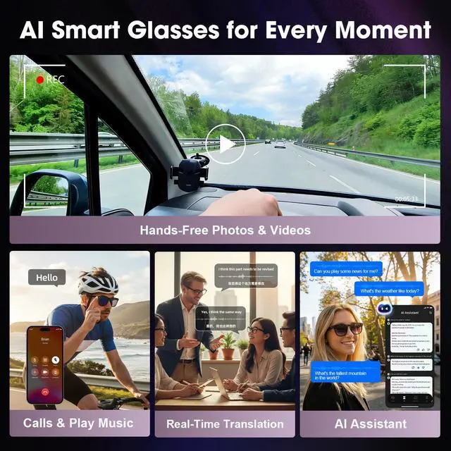 Alt view image 2 of 7 - AI Smart Glasses with Camera, 8MP HD Camera Glasses for Men Women, 1200P 30FPS Video Recording, Voice Assistant, Real-Time Translation, Open-Ear Bluetooth Audio Sunglasses with Interchangeable Lenses