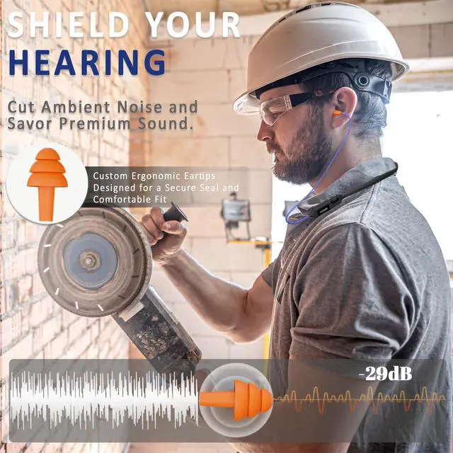 Alt view image 2 of 7 - Bluetooth Earplug Headphones, 29dB Noise Reduction Earbuds for Work, Neckband Wireless Earplugs Earphones with 30 Hour Battery, IPX5 Sweatproof, OSHA Compliant for Industrial Safety