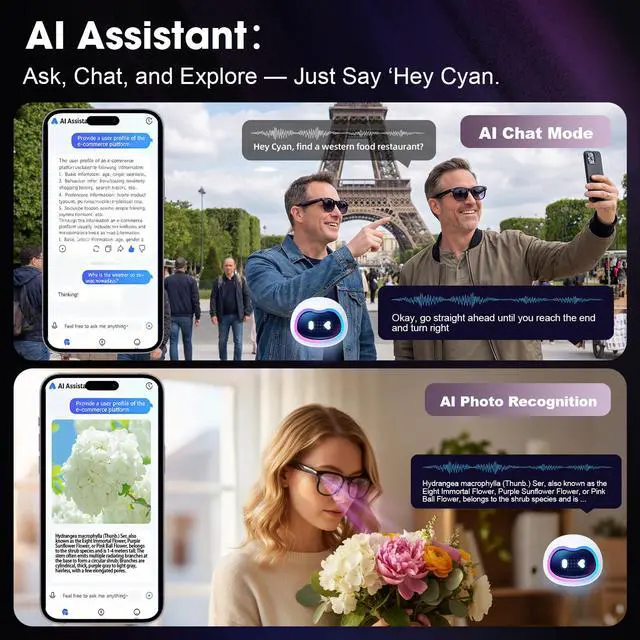 Alt view image 6 of 7 - AI Smart Glasses with Camera, 8MP HD Camera Glasses for Men Women, 1200P 30FPS Video Recording, Voice Assistant, Real-Time Translation, Open-Ear Bluetooth Audio Sunglasses with Interchangeable Lenses