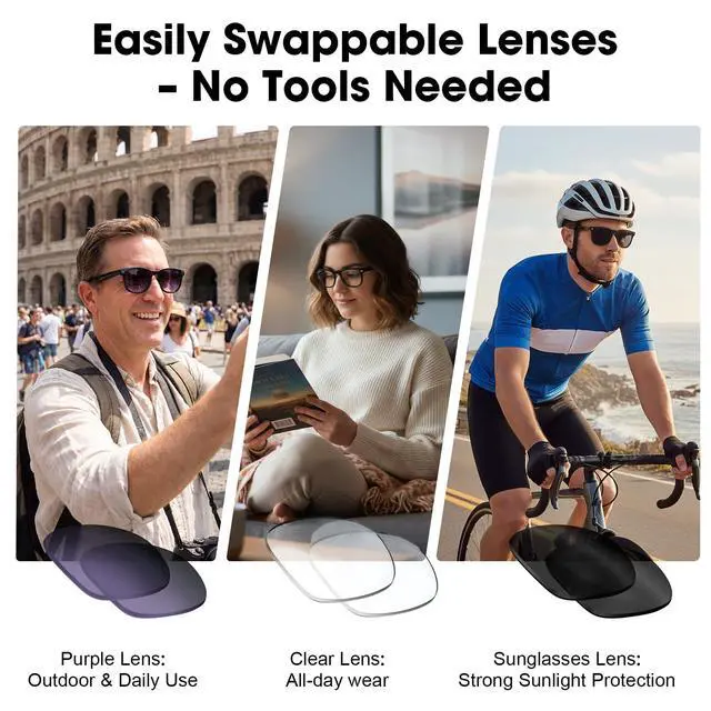 Alt view image 7 of 7 - AI Smart Glasses with Camera, 8MP HD Camera Glasses for Men Women, 1200P 30FPS Video Recording, Voice Assistant, Real-Time Translation, Open-Ear Bluetooth Audio Sunglasses with Interchangeable Lenses