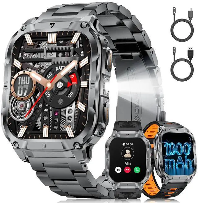 Main image of Military Smart Watch for Men(3 Bands),1000mAh/2 HD Large Screen Smartwatch, Flashlight/110+ Sports Modes, Fitness Tracker Watch for Android iOS,Black