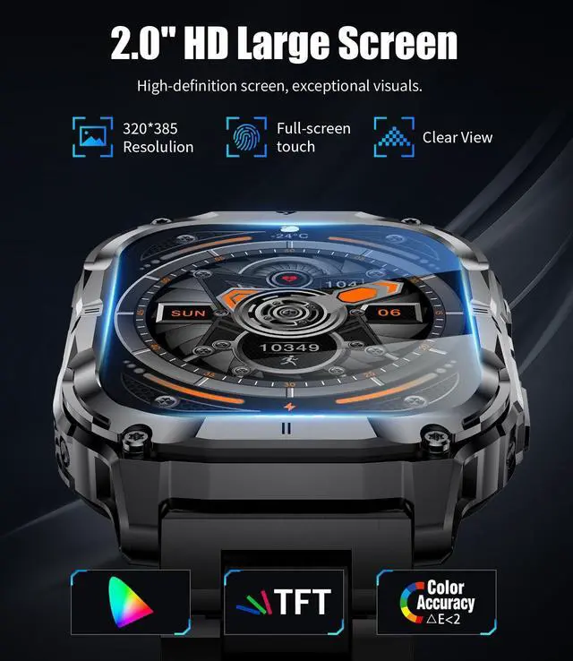 Alt view image 4 of 7 - Military Smart Watch for Men(3 Bands),1000mAh/2 HD Large Screen Smartwatch, Flashlight/110+ Sports Modes, Fitness Tracker Watch for Android iOS,Black
