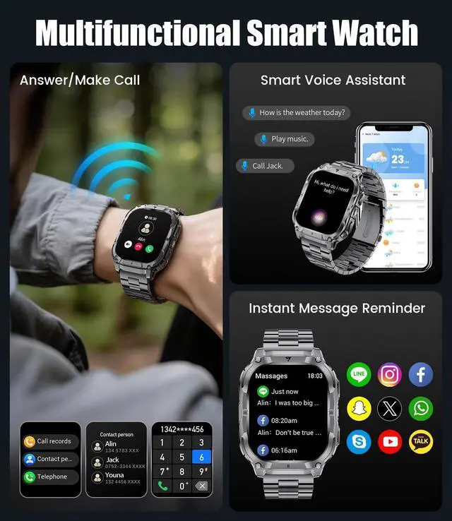 Alt view image 5 of 7 - Military Smart Watch for Men(3 Bands),1000mAh/2 HD Large Screen Smartwatch, Flashlight/110+ Sports Modes, Fitness Tracker Watch for Android iOS,Black
