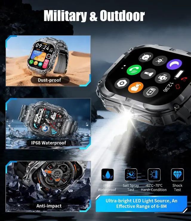 Alt view image 6 of 7 - Military Smart Watch for Men(3 Bands),1000mAh/2 HD Large Screen Smartwatch, Flashlight/110+ Sports Modes, Fitness Tracker Watch for Android iOS,Black