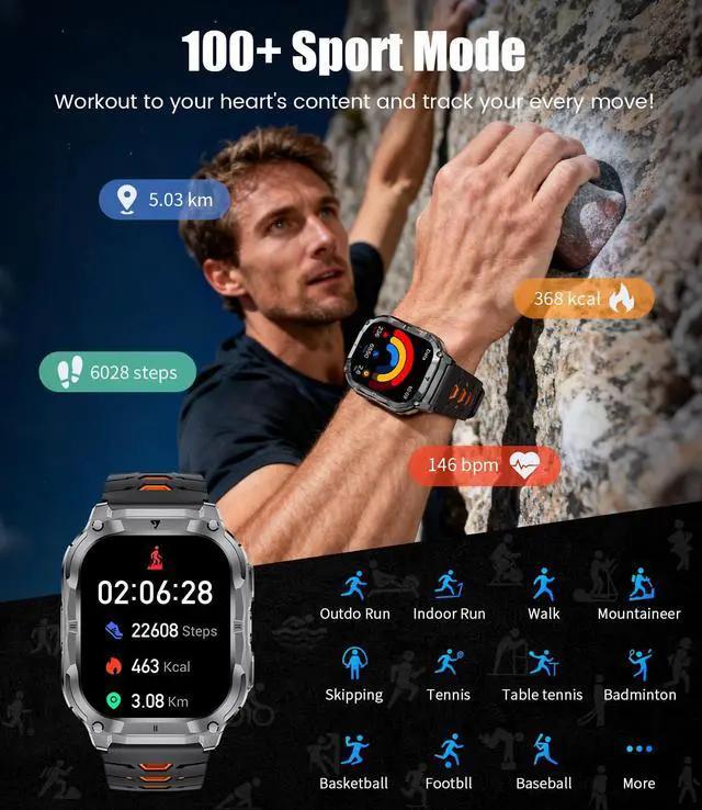 Alt view image 7 of 7 - Military Smart Watch for Men(3 Bands),1000mAh/2 HD Large Screen Smartwatch, Flashlight/110+ Sports Modes, Fitness Tracker Watch for Android iOS,Black