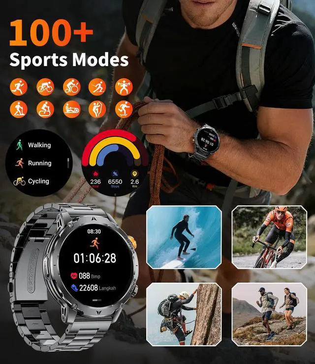 Alt view image 4 of 7 - Smart Watches for Men,1.7" Smartwatch with 1000mah Battery,Flashlight,Bluetooth Call,100+ Sports Modes,Health Tracker,IP68 Waterproof,Fitness Tracker Watch for Android iOS(Black)