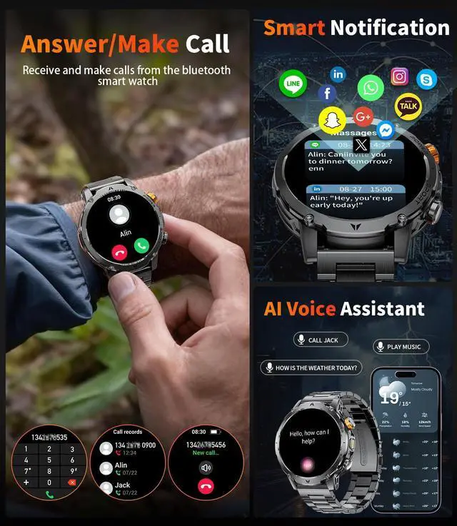 Alt view image 3 of 7 - Smart Watches for Men,1.7" Smartwatch with 1000mah Battery,Flashlight,Bluetooth Call,100+ Sports Modes,Health Tracker,IP68 Waterproof,Fitness Tracker Watch for Android iOS(Black)