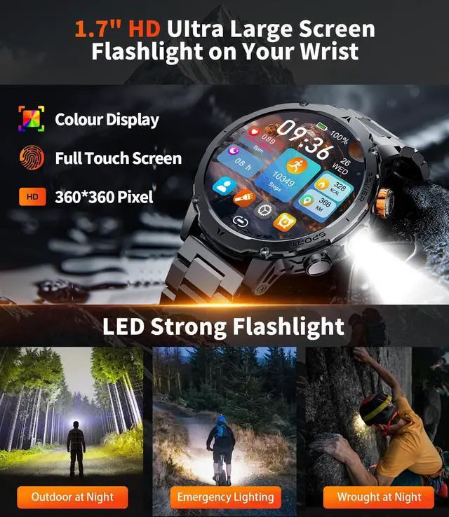Alt view image 7 of 7 - Smart Watches for Men,1.7" Smartwatch with 1000mah Battery,Flashlight,Bluetooth Call,100+ Sports Modes,Health Tracker,IP68 Waterproof,Fitness Tracker Watch for Android iOS(Black)