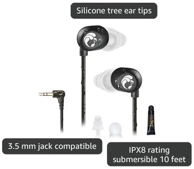 Alt view image 3 of 5 - Flip Waterproof Short-Cord Headphones (Upgraded Cord) | IPX8 waterproof to 10 ft, short-cord low drag, 3 sizes tree tips, extension cord, for swimming