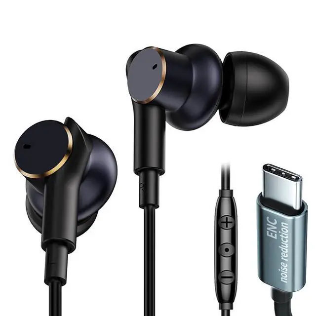 Alt view image 4 of 6 - USB C Wired Headphones with Noise-Canceling Mic Powerful Bass In ear Earbud | Dual-Driver Noise-Isolating Wired Earbuds Call Noise Reduction,Type C Plug Deep Bass Earphones with DAC & HD Sound